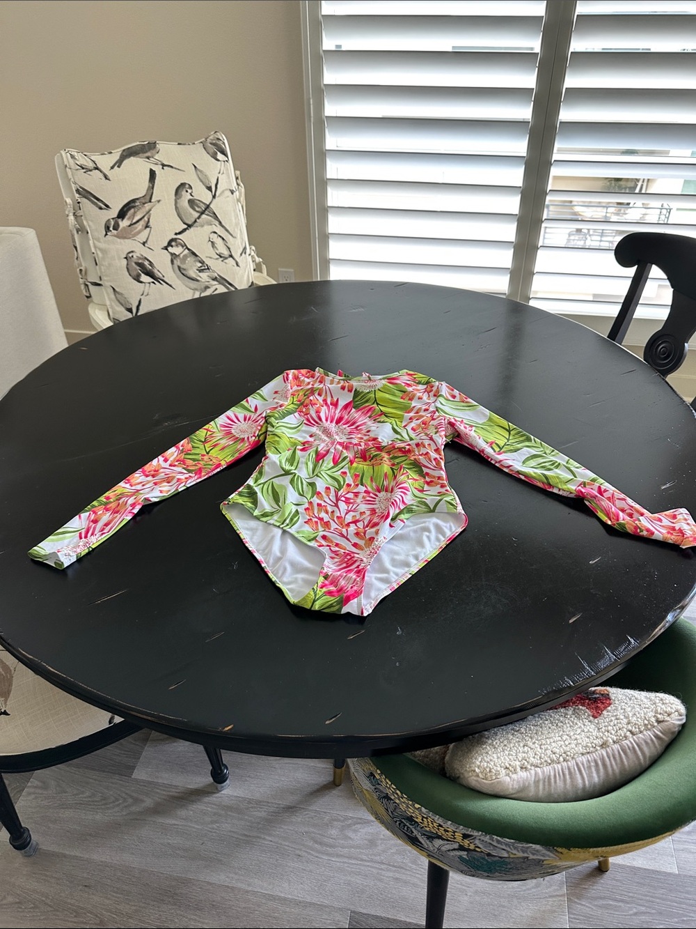 Caribbean Joe Pink & Green Floral Long-Sleeve One-Piece SwimsuitNWOT